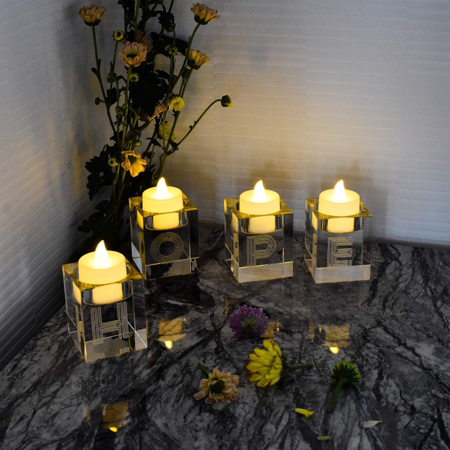 Decorative Word Sign Hope Cube Crystal Candle Holder Set of 4