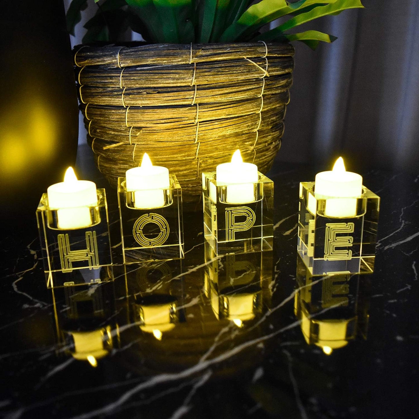 Decorative Word Sign Hope Cube Crystal Candle Holder Set of 4 