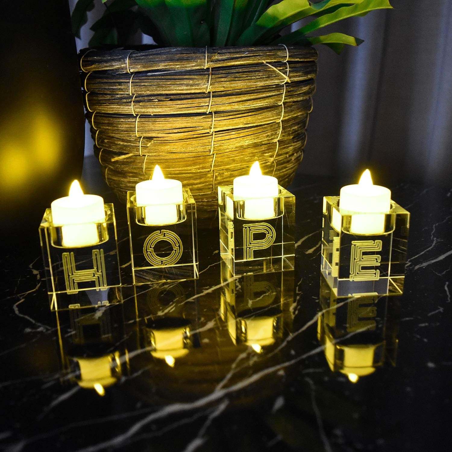 Decorative Word Sign Hope Cube Crystal Candle Holder Set of 4 